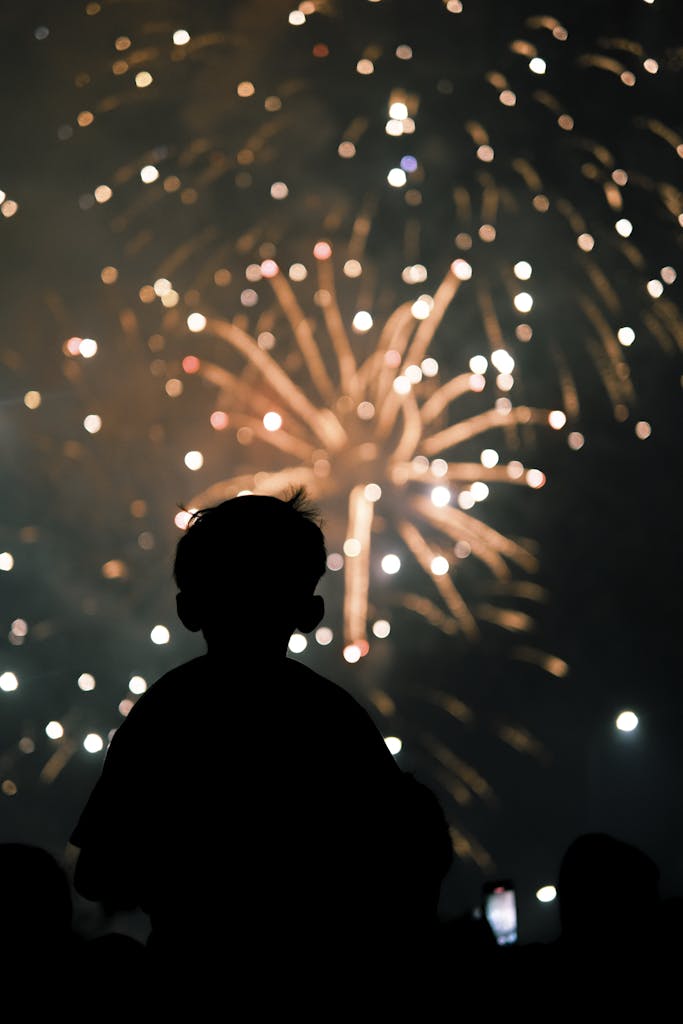 A silhouette of a child observing vibrant fireworks at night, capturing a sense of wonder.